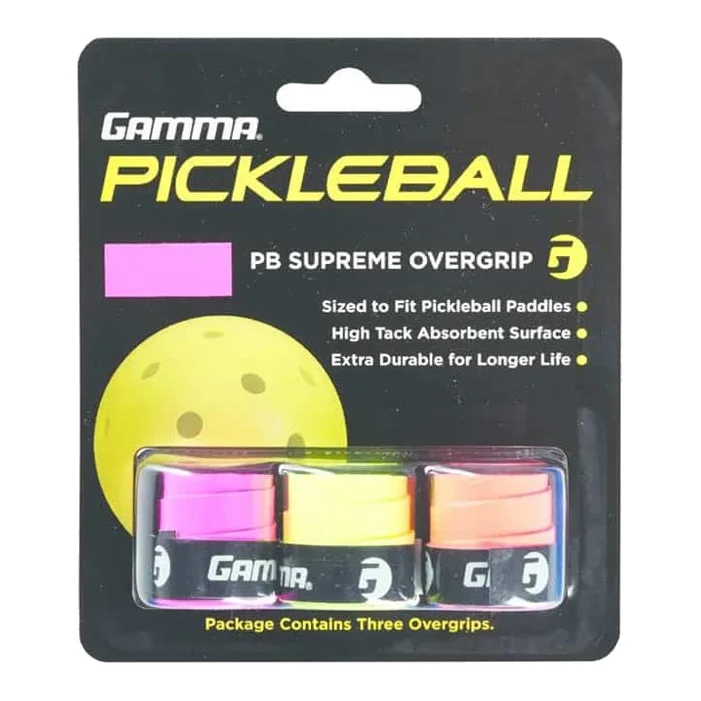 Neonkleurige Gamma Pickleball Overgrip Supreme op een witte achtergrond, opgerold, met de focus op de textuur.