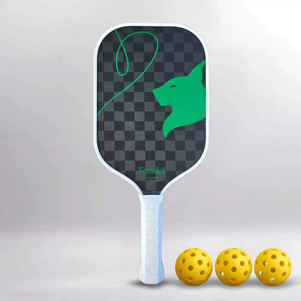 De Verodel VENOM DELUXE pickleball paddle, zwart met groene accenten, met een lange grip en een langwerpig racketblad.
