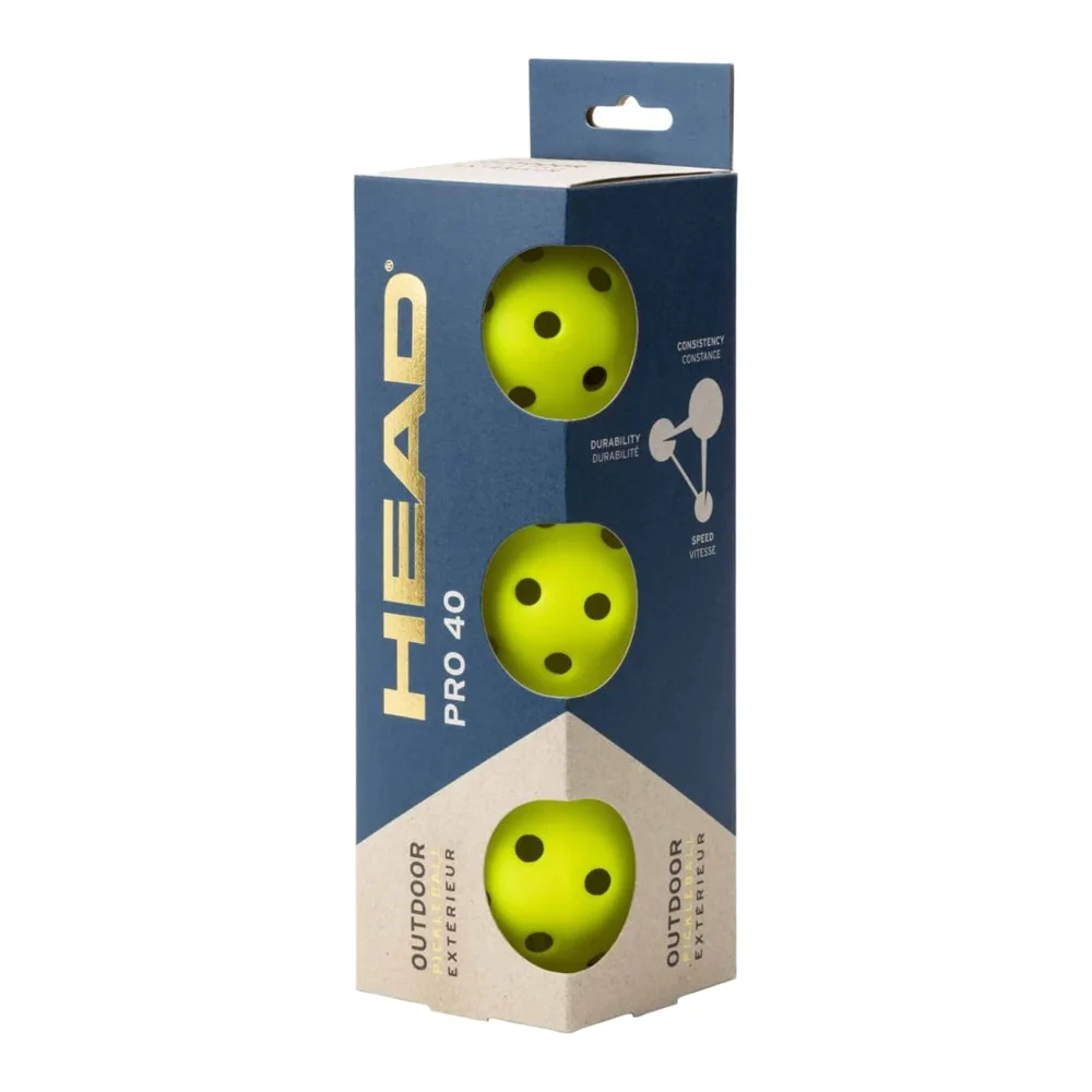 Drie gele HEAD Pro Outdoor pickleball ballen liggen netjes naast elkaar op een neutrale achtergrond.