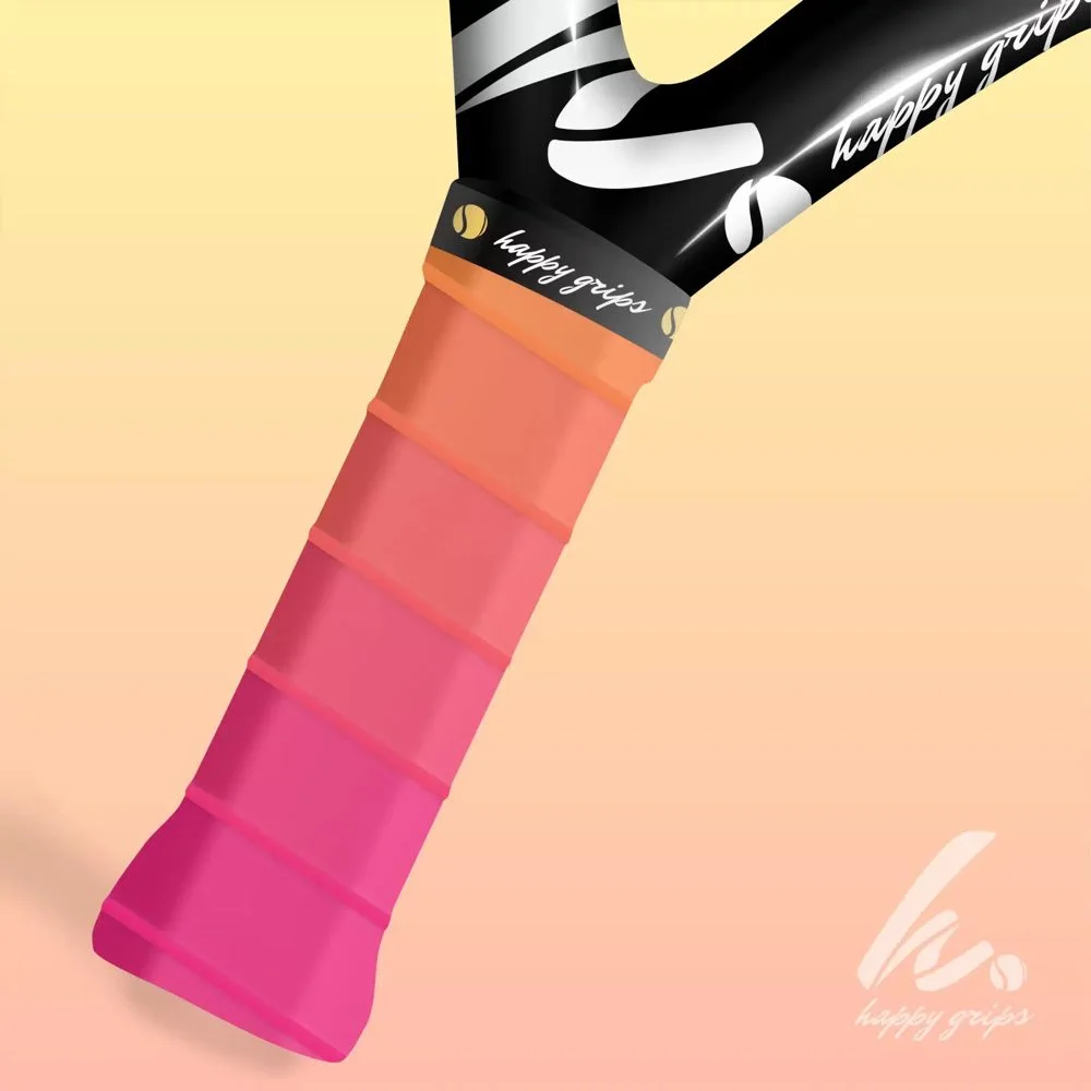 Close-up van Happy Grips pickleball grips in diverse levendige patronen en kleuren, klaar om te bevestigen aan een racket.