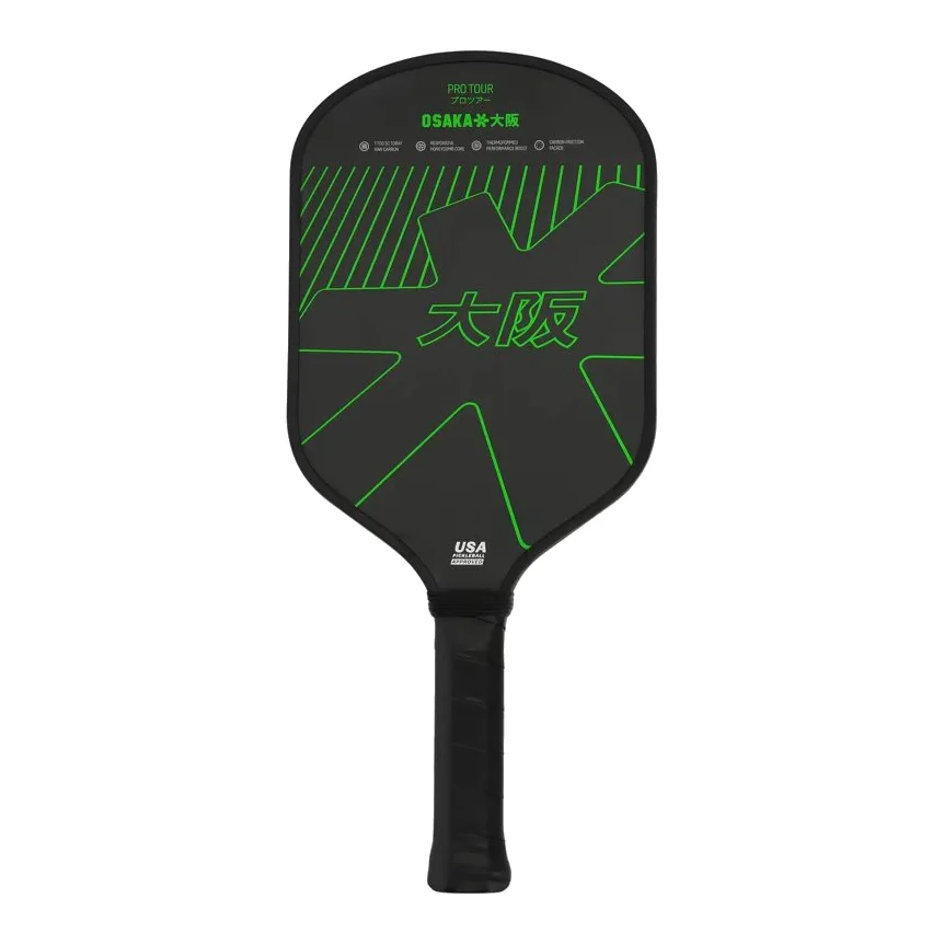 De Osaka Pro Tour Iconisch Zwart Pickleball Paddle, een gestroomlijnd zwart racket met een modern design.
