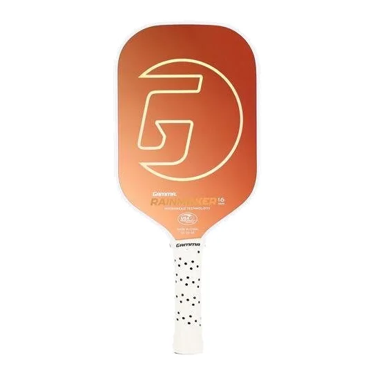 De Gamma Rainmaker 16 pickleball paddle, een lichtgewicht racket met een lange grip en stijlvol design.
