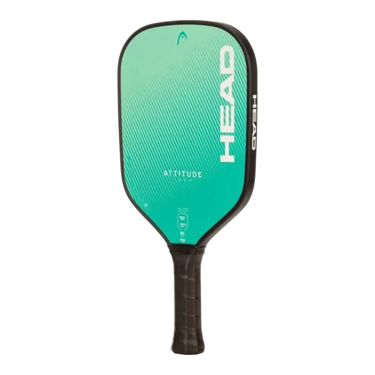 De HEAD Attitude Team pickleball paddle in detail, met nadruk op de grip en het slagvlak.