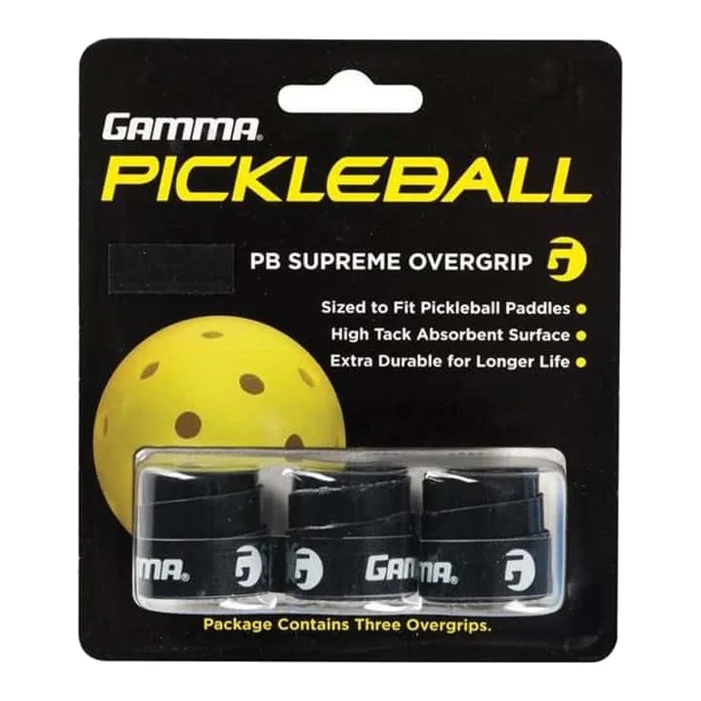 Zwarte Gamma Pickleball Overgrip Supreme, opgerold afgebeeld op een neutrale achtergrond.