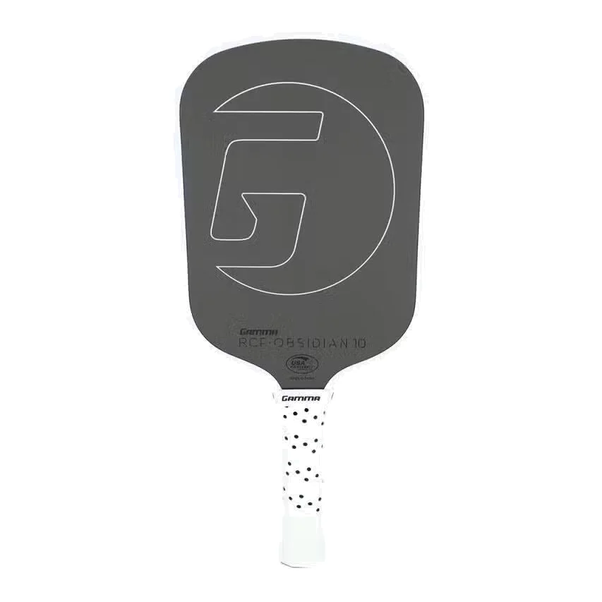 Gamma RCF Obsidian 10 pickleball paddle met een donkergrijs tot zwart slagvlak en witte accenten, schuin afgebeeld.
