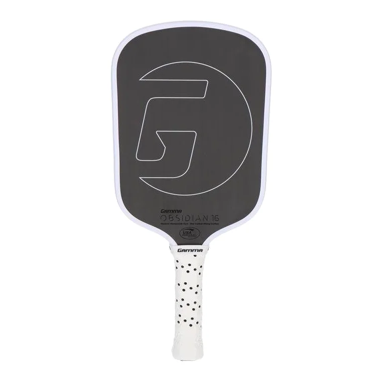 De Gamma Pickleball Paddle Obsidian 16, een zwart paddle met een gestroomlijnd design en een lange greep.