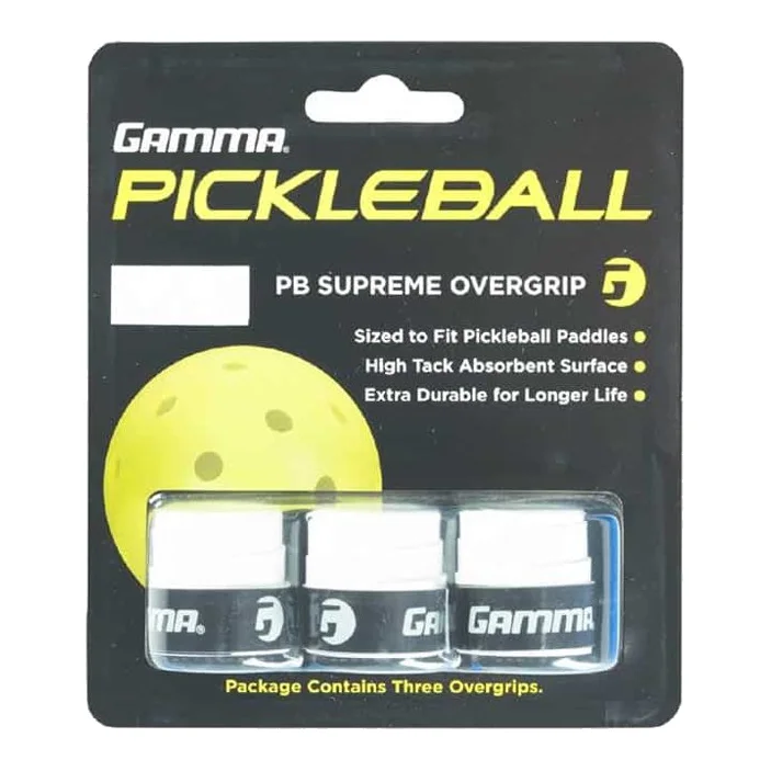 Witte Gamma Pickleball Overgrip Supreme op een neutrale achtergrond, klaar om te bevestigen