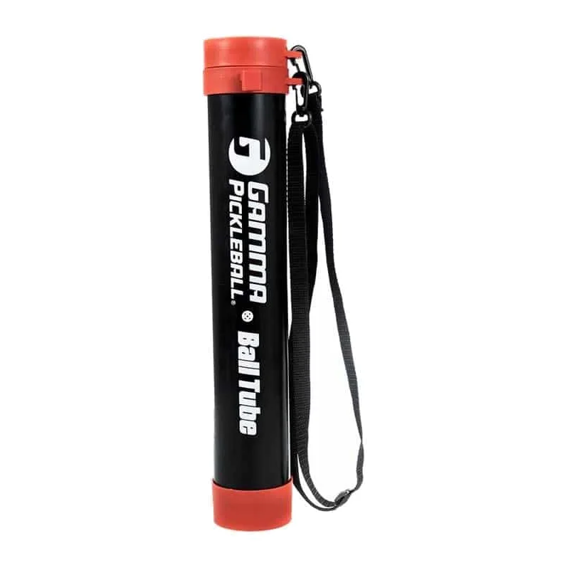 Een transparante Gamma Pickleball Ball Tube met een zwarte schouderriem en haak, gevuld met pickleballen.