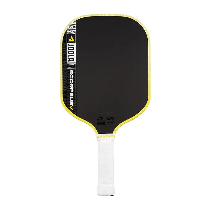 De JOOLA Anna Bright Scorpeus Pro V 14mm pickleball paddle, zwart met witte strepen en een oranje logo, scherp afgebeeld.