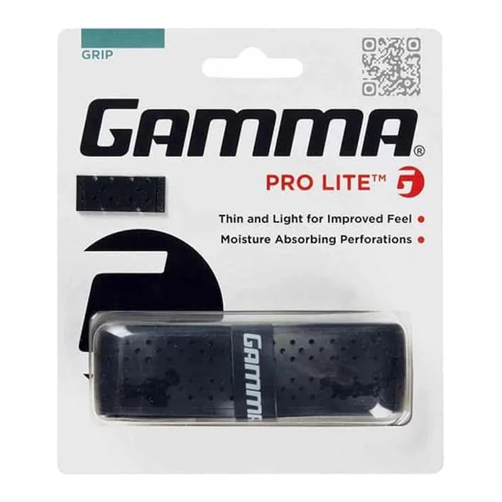 Zwarte Gamma Pickleball Replacement grip Pro Lite, plat liggend, met zichtbare perforaties op het oppervlak.