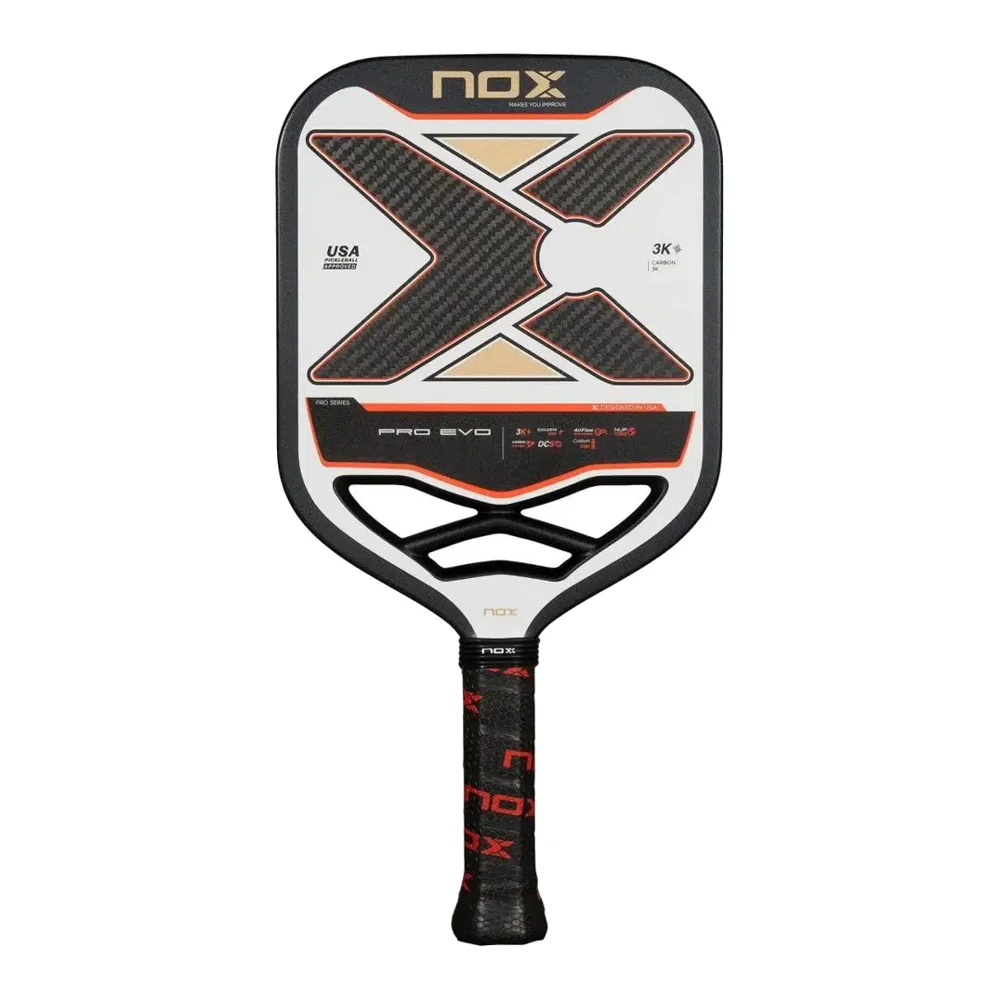 NOX PRO EVO pickleball paddle met een strak design, prominent afgebeeld op de productpagina.