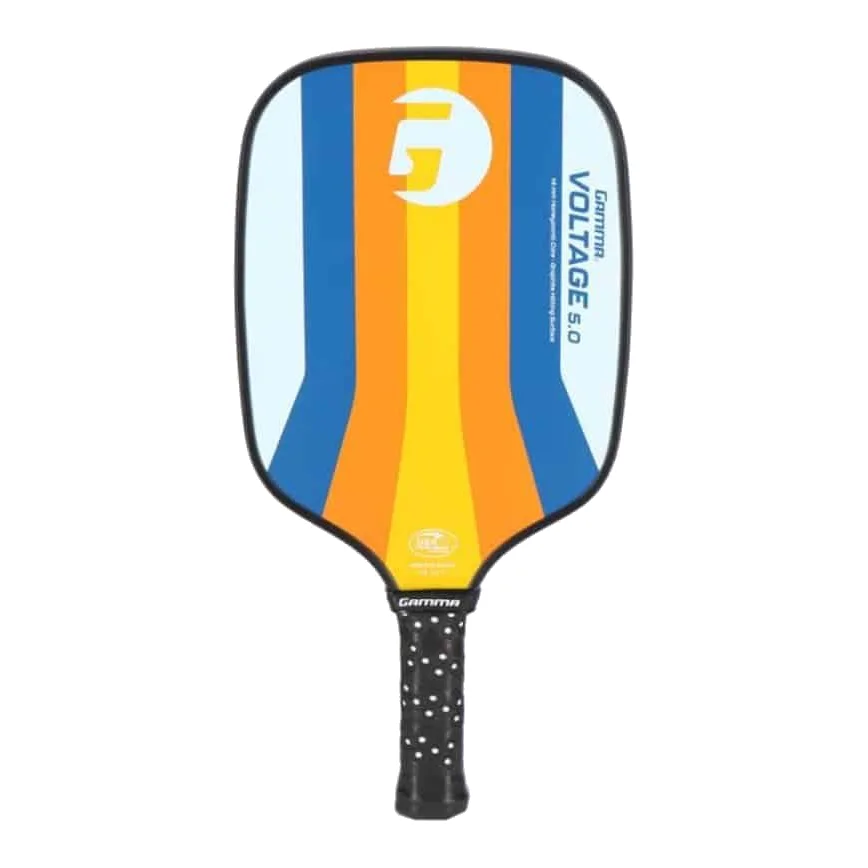 De Gamma Pickleball Paddle Voltage 5.0 met een zwart en grijs design en oranje accenten.