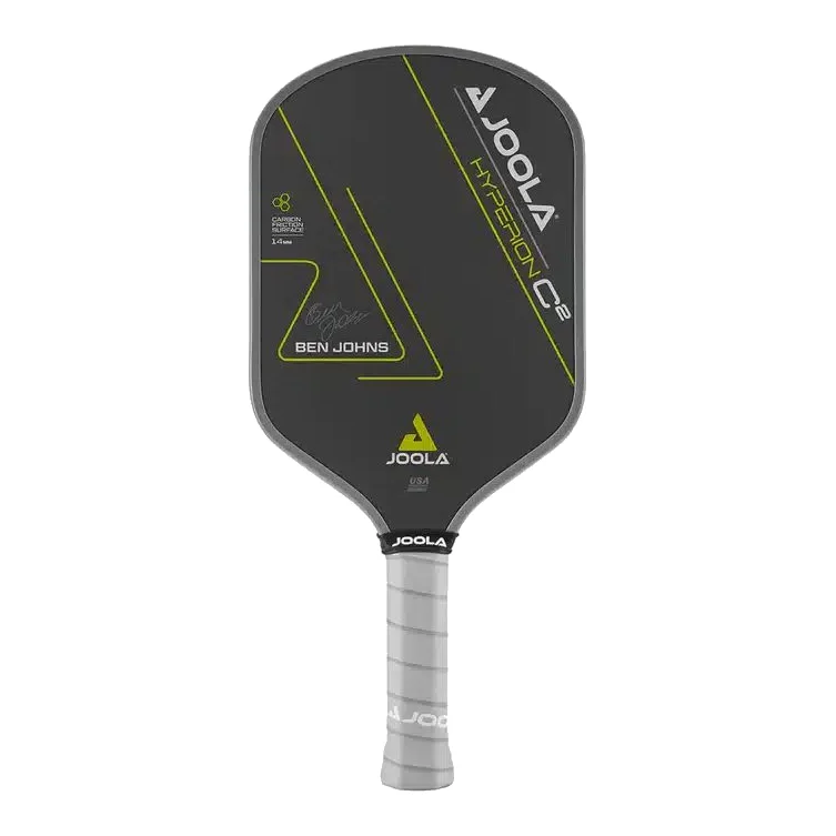 Joola Ben Johns Hyperion C2 CFS 14MM pickleball paddle, in een langwerpige vorm met een donkerblauw en zwart design en oranje accenten.