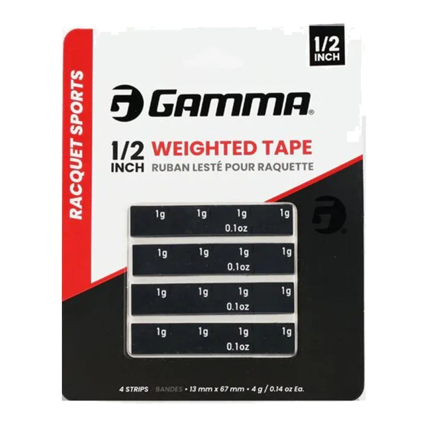 Zwarte Gamma weighted tape strips op een pickleballracket.