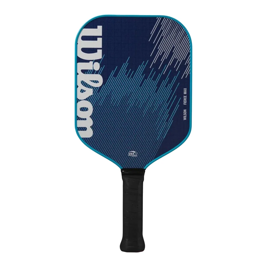 De Wilson Fierce Max 13 Pickleball Paddle in een gestroomlijnd zwart design met opvallende neongele accenten op het handvat en het logo.