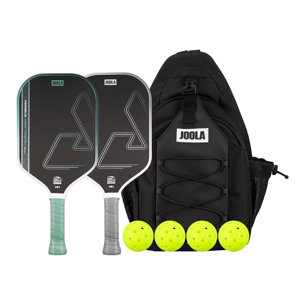 Een complete Joola Heat Vision pickleball set, met twee paars-zwarte paddles, vier gele ballen en een zwarte draagtas.